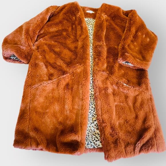 Mystree Brown Orange Faux Fur Sherpa Teddy Bear Leopard Lined Winter Jacket M - Picture 8 of 11